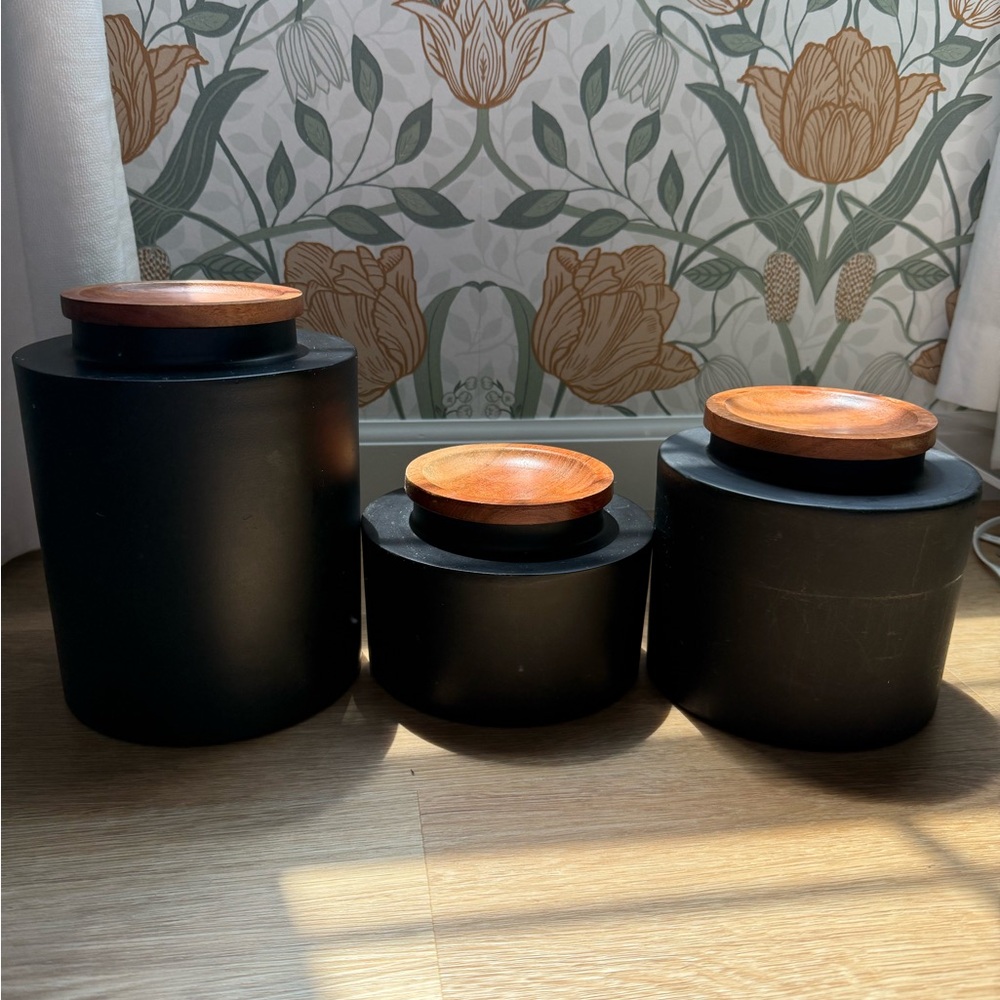 Crate&Barrel Black Canister Set with Wooden Lids